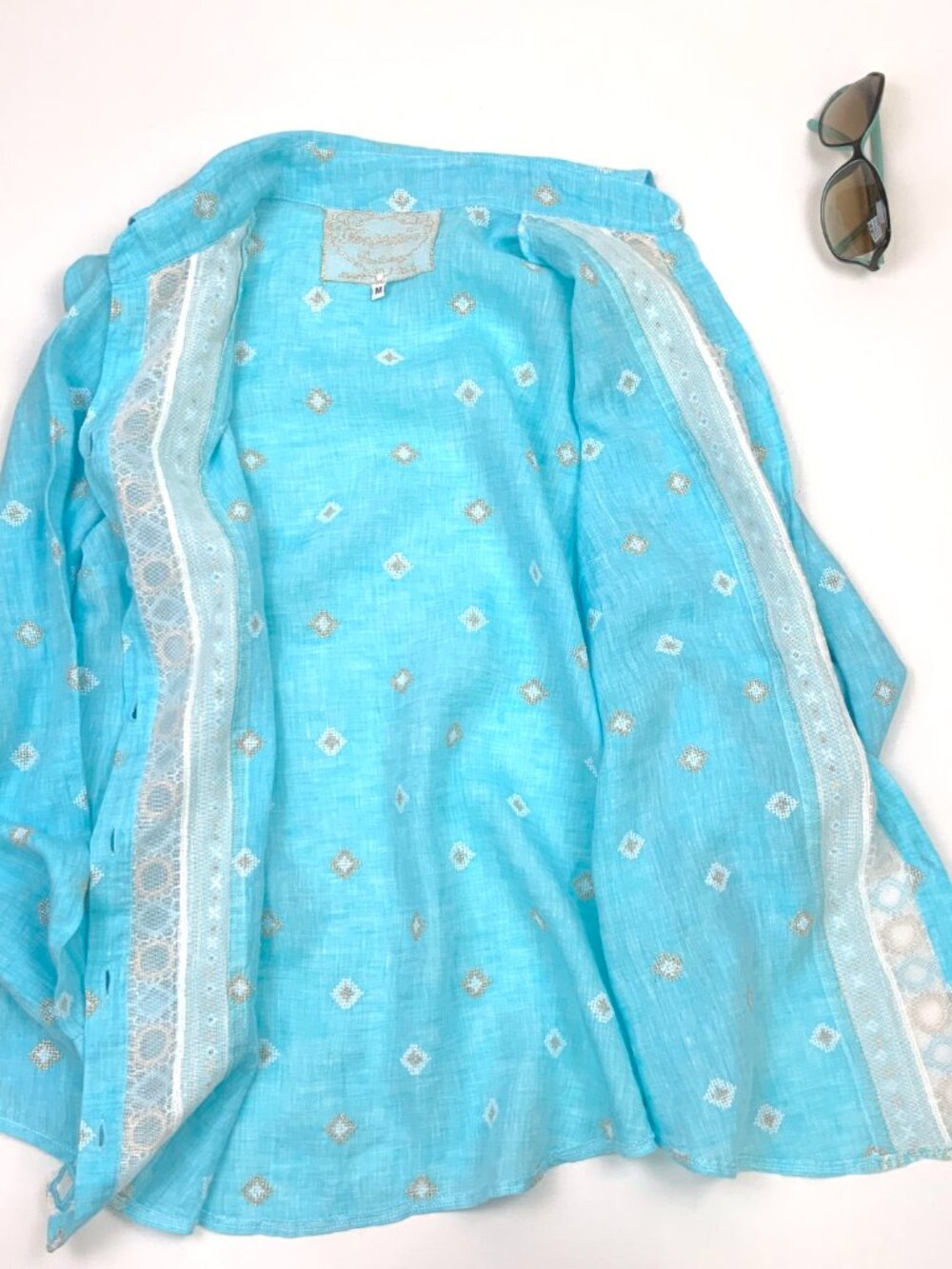 Temptation Positano Blue Straight Cut Embroidered Bohemian Linen Blouse Sz M - Picture 16 of 16